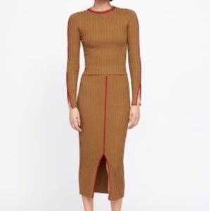 Zara Tan Sweater set top & skirt with red seam